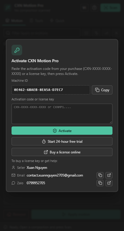 Màn hình kích hoạt trong panel CXN Motion Pro: Machine ID, ô License key, nút Activate
